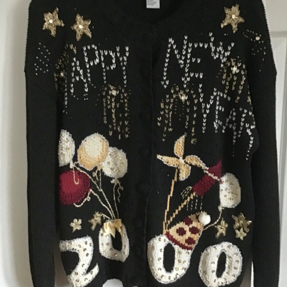 Vintage Y2K Paul Harris Design Black Sweater Cardigan Happy New Year 2000 Size L - Picture 3 of 8